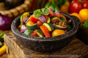 molcajete recipe 3 Molcajete recipes featuring roasted vegetables, mushrooms, and a smoky salsa in a traditional stone mortar.