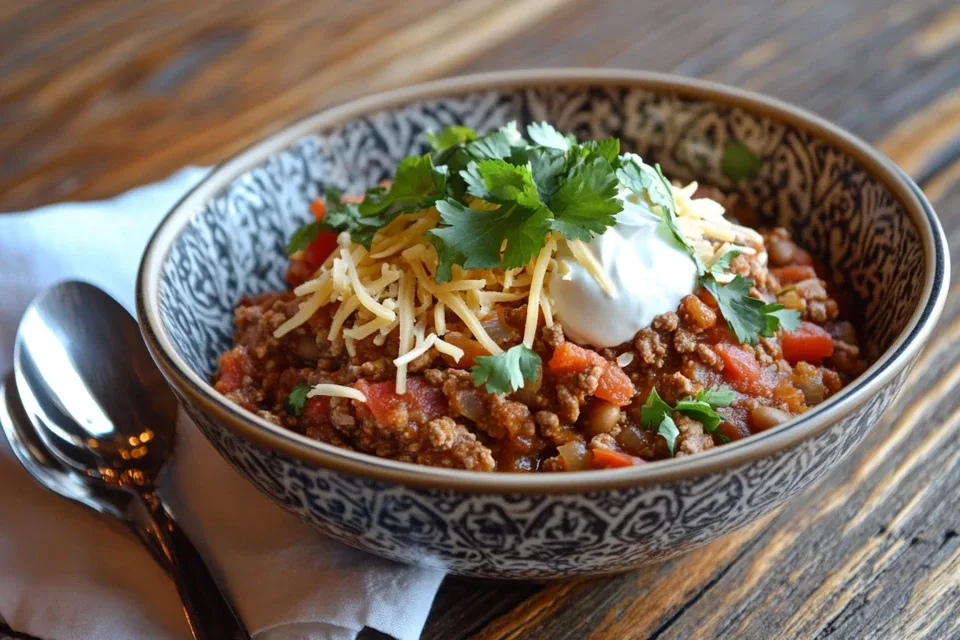 Ground Beef Crock Pot Recipes – A perfectly plated bowl of slow-cooked ground beef chili with toppings.