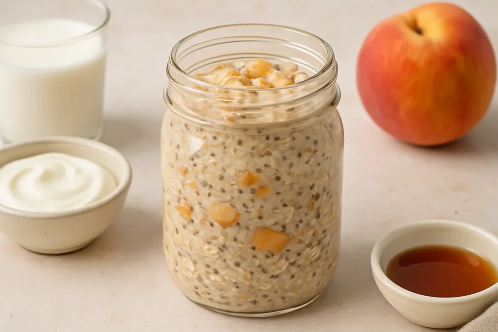 Peach Cobbler Overnight Oats – Creamy, Healthy & Delicious 3 Peach cobbler overnight oats with diced peaches and creamy yogurt in a jar