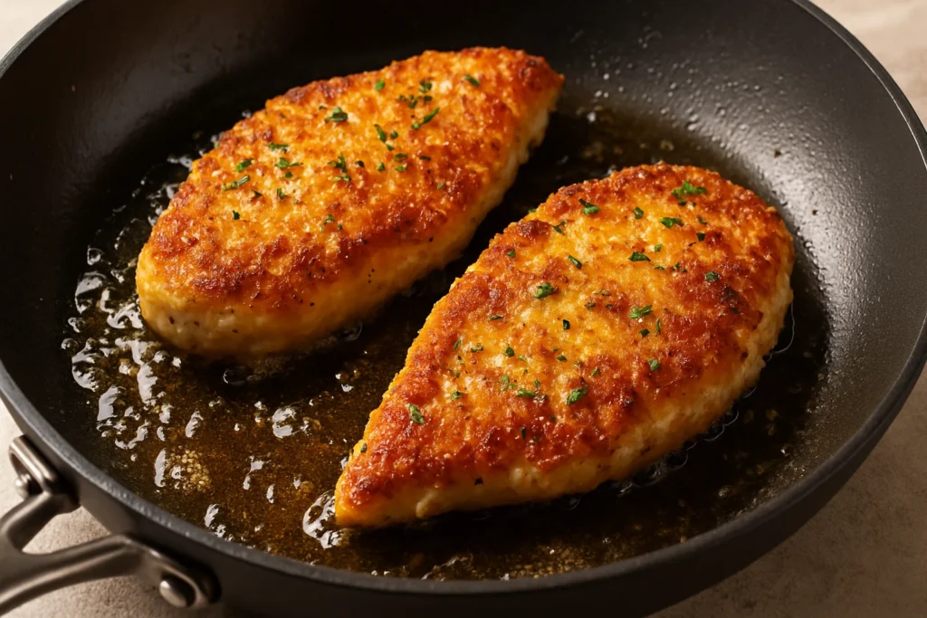 Best Parmesan Crusted Chicken – Crispy, Cheesy &Irresistible 3 Parmesan Crusted Chicken cooking in skillet