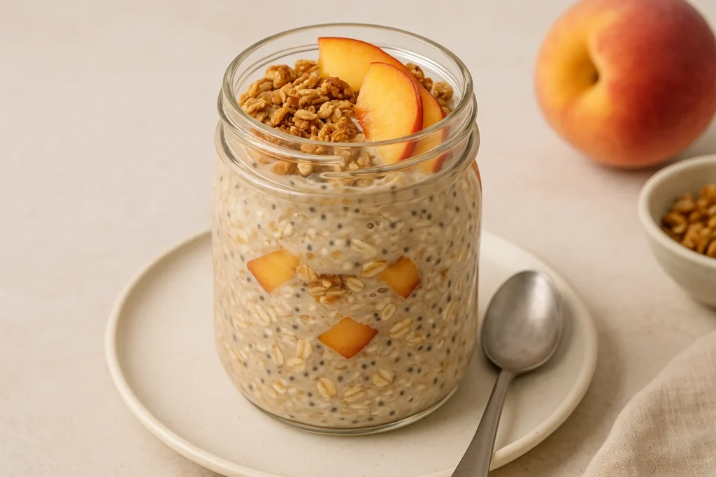 Peach Cobbler Overnight Oats – Creamy, Healthy & Delicious 4 Finished jar of peach cobbler overnight oats topped with peach slices and granola