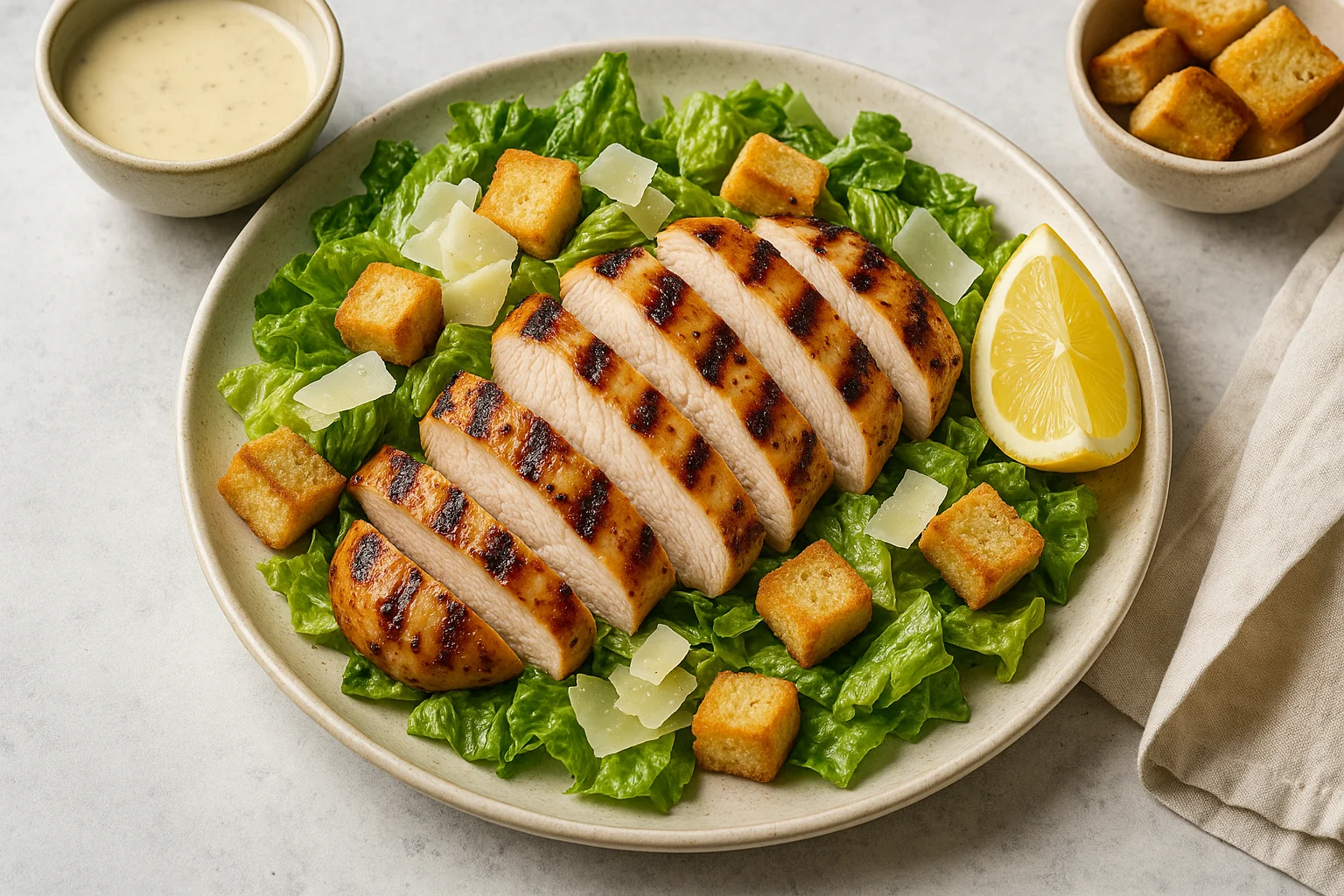 Grilled Chicken Caesar Salad on a plate with romaine, shaved Parmesan, and croutons