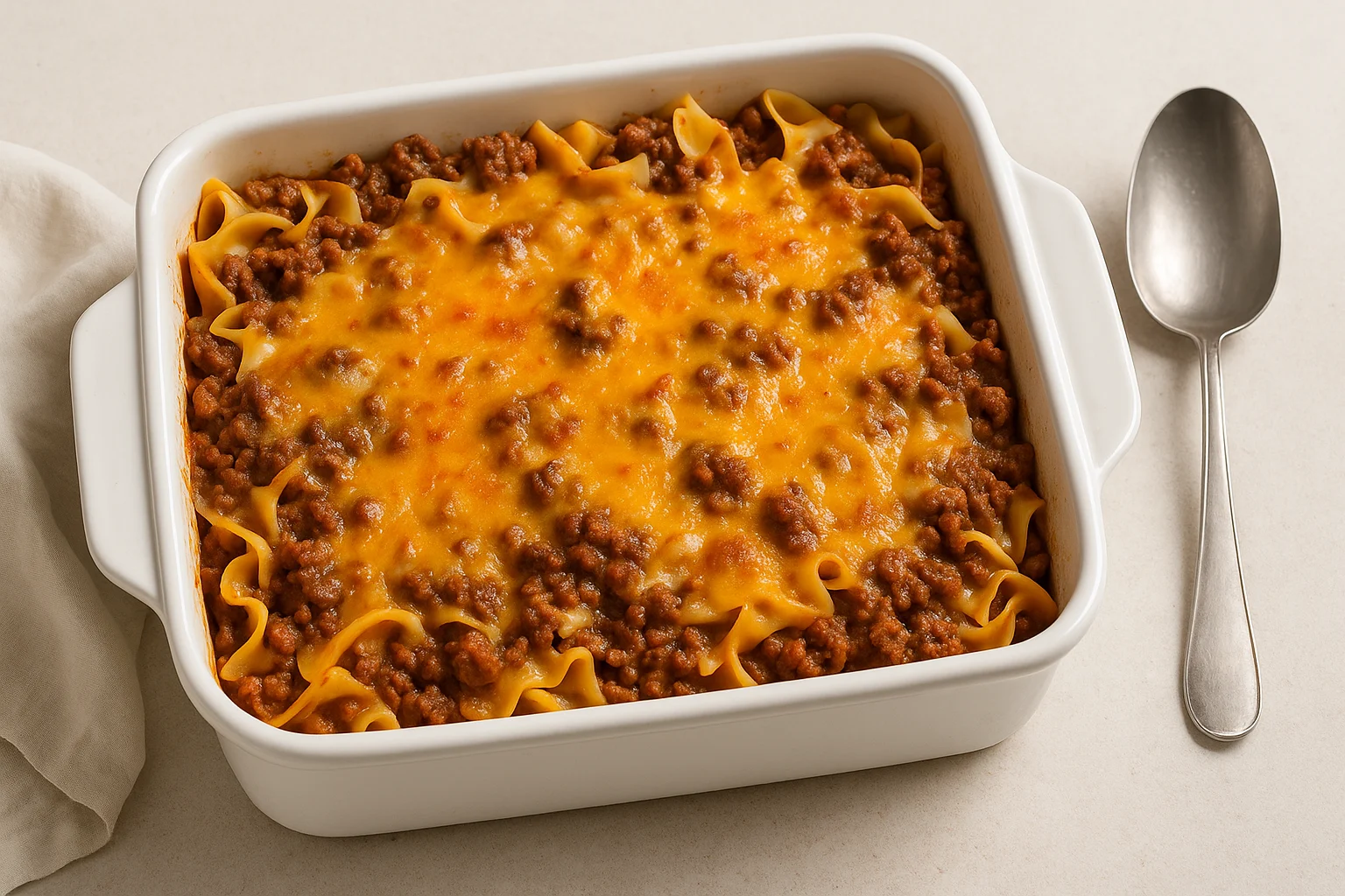 ground beef casserole in a white baking dish with melted cheddar cheese