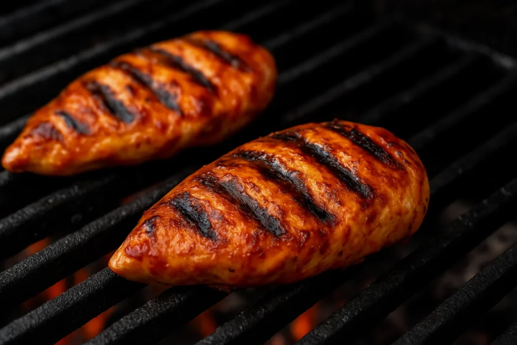Buffalo Chicken Salad for Busy Days and Bold Appetites 2 Grilled chicken breasts with buffalo sauce cooking on a hot grill