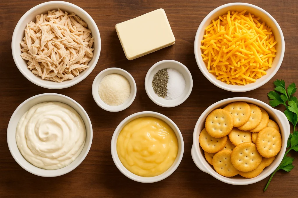 Neiman Marcus Chicken Casserole Recipe:Creamy Family Favor 2 Neiman Marcus chicken casserole ingredients laid out on a wooden kitchen counter