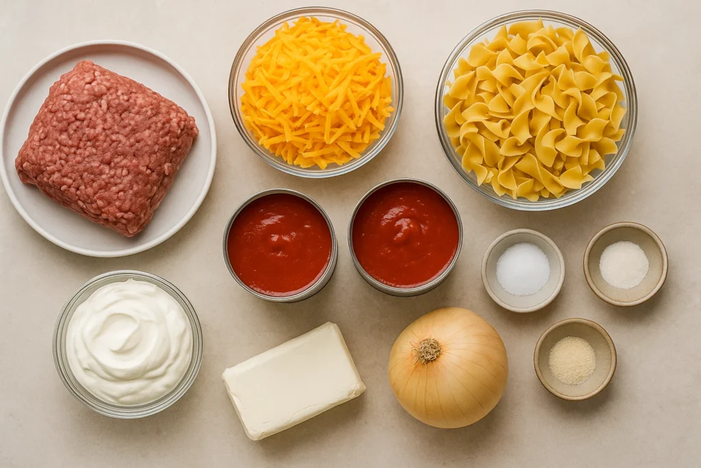 Irresistible 60-Min Ground Beef Casserole for Families 2 : ground beef, cheddar, egg noodles, onion, sour cream, tomato sauce laid on a neutral kitchen surface