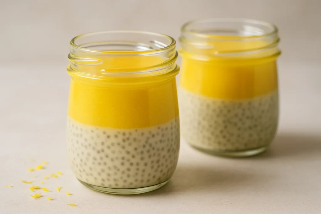 Lemon Curd Chia Pudding – Easy, Bright & Healthy Treat 2 Close-up of vegan lemon curd and chia pudding in layered glass jars
