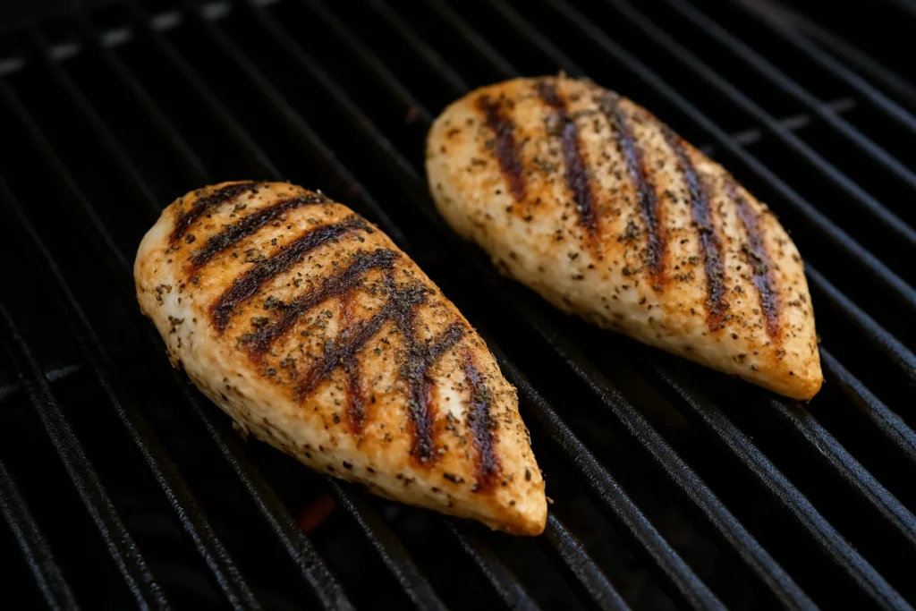 Grilled Chicken Caesar Salad: 10 Irresistible Reasons to Try 2 Grilled chicken breasts cooking on a grill with sear marks
