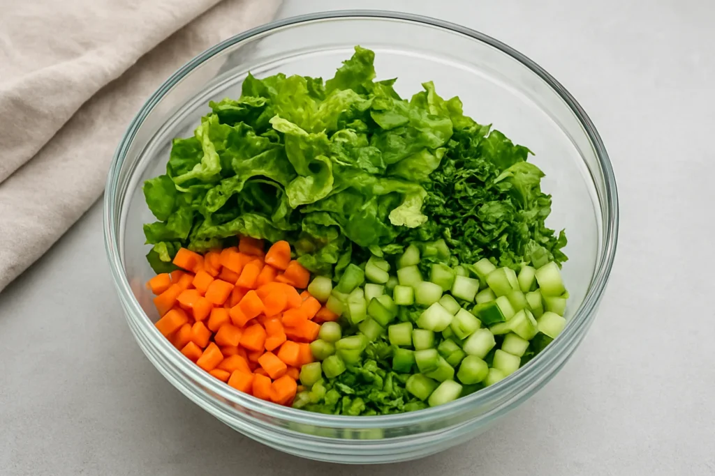 Buffalo Chicken Salad for Busy Days and Bold Appetites 3 Chopped vegetables and greens being mixed in a large salad bowl