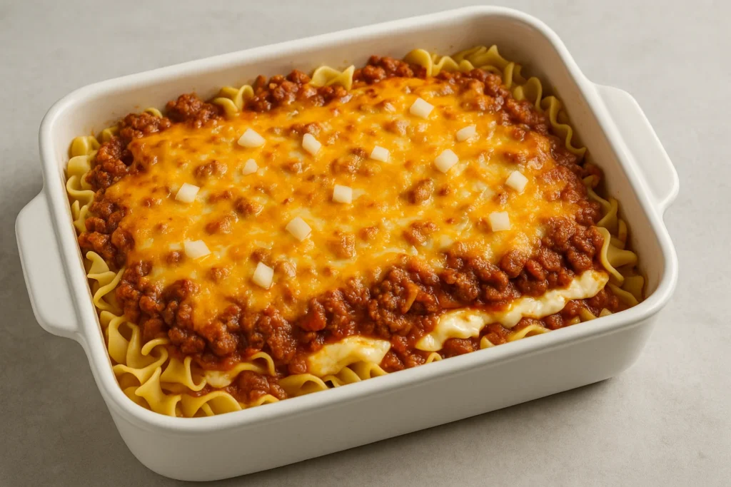 Irresistible 60-Min Ground Beef Casserole for Families 3 layered beef casserole with noodles, creamy sauce, and melted cheese in a white baking dish
