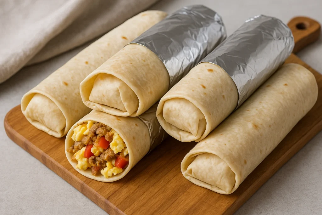 Easy Breakfast Burrito Recipe 4 Meal Prep Breakfast Burritos on Cutting Board