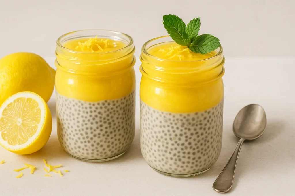 Lemon Curd Chia Pudding – Easy, Bright & Healthy Treat 3 Two lemon curd chia puddings topped with lemon zest and mint