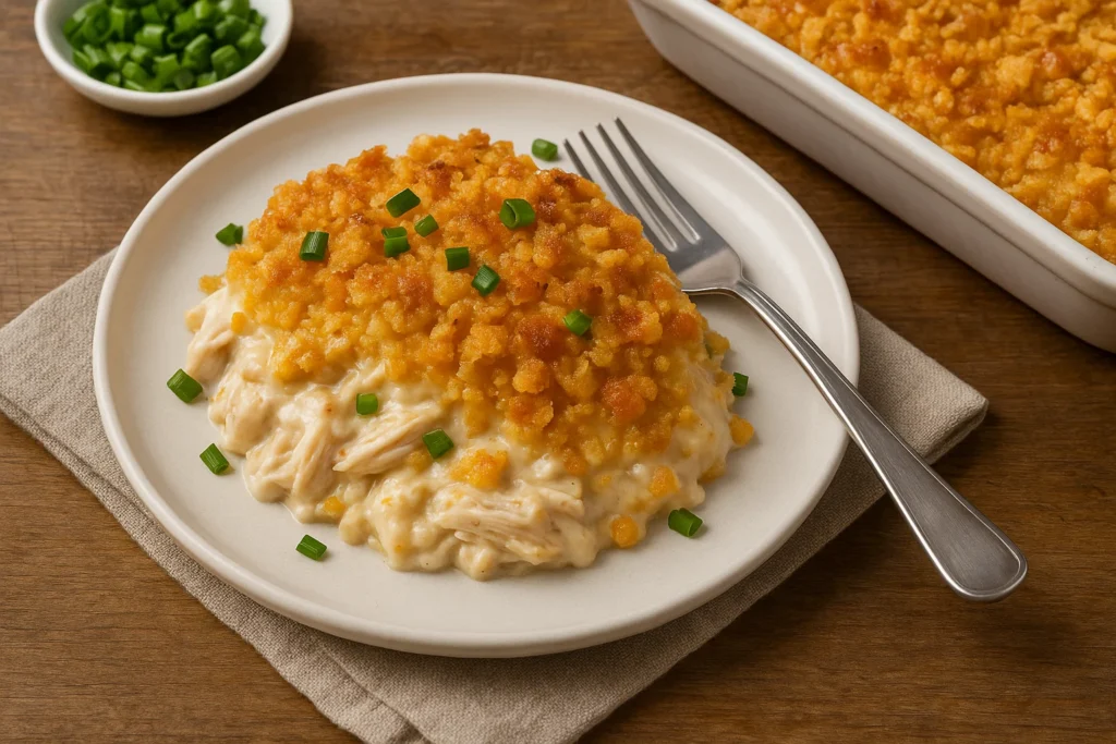 Neiman Marcus Chicken Casserole Recipe:Creamy Family Favor 4 Neiman Marcus chicken casserole served on a plate with green onion garnish