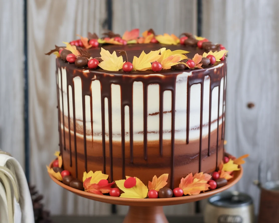 Beautiful fall cake designs with pumpkins and autumn flowers on display.