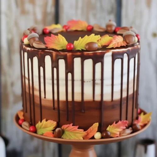 Fall Cake Designs 3 A beautifully decorated fall cake with pumpkins, flowers, and autumn-themed elements.