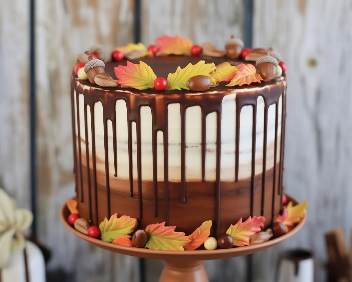A beautifully decorated fall cake with pumpkins, flowers, and autumn-themed elements.