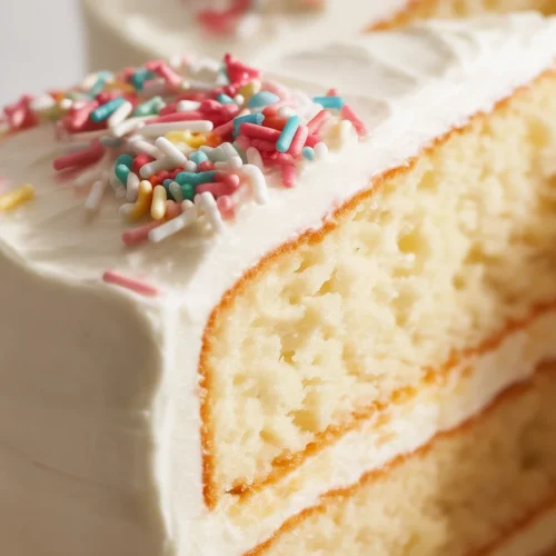 Slice of moist vanilla cake made from scratch with vanilla cake mix.