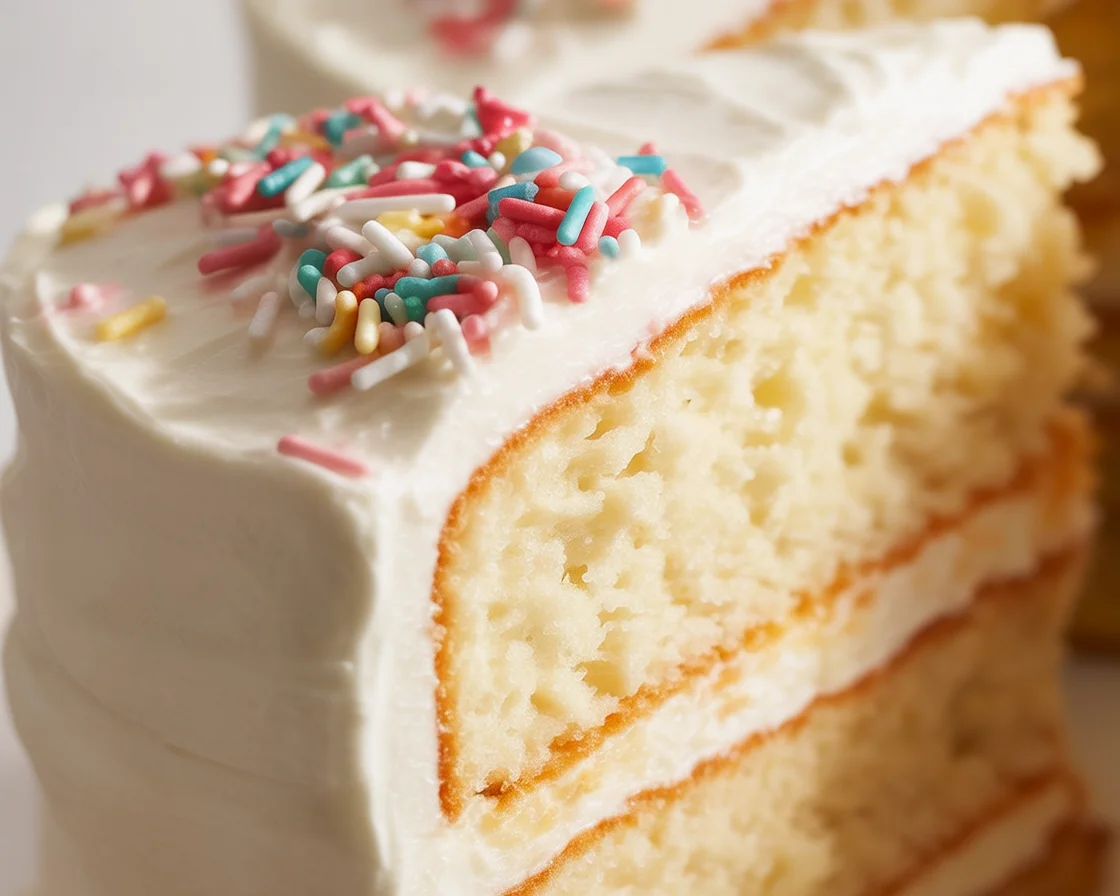 Slice of moist vanilla cake made from scratch with vanilla cake mix.