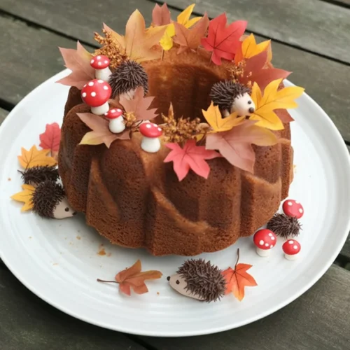 Three-tiered Thanksgiving cake decorated with fall leaves and autumn colors.