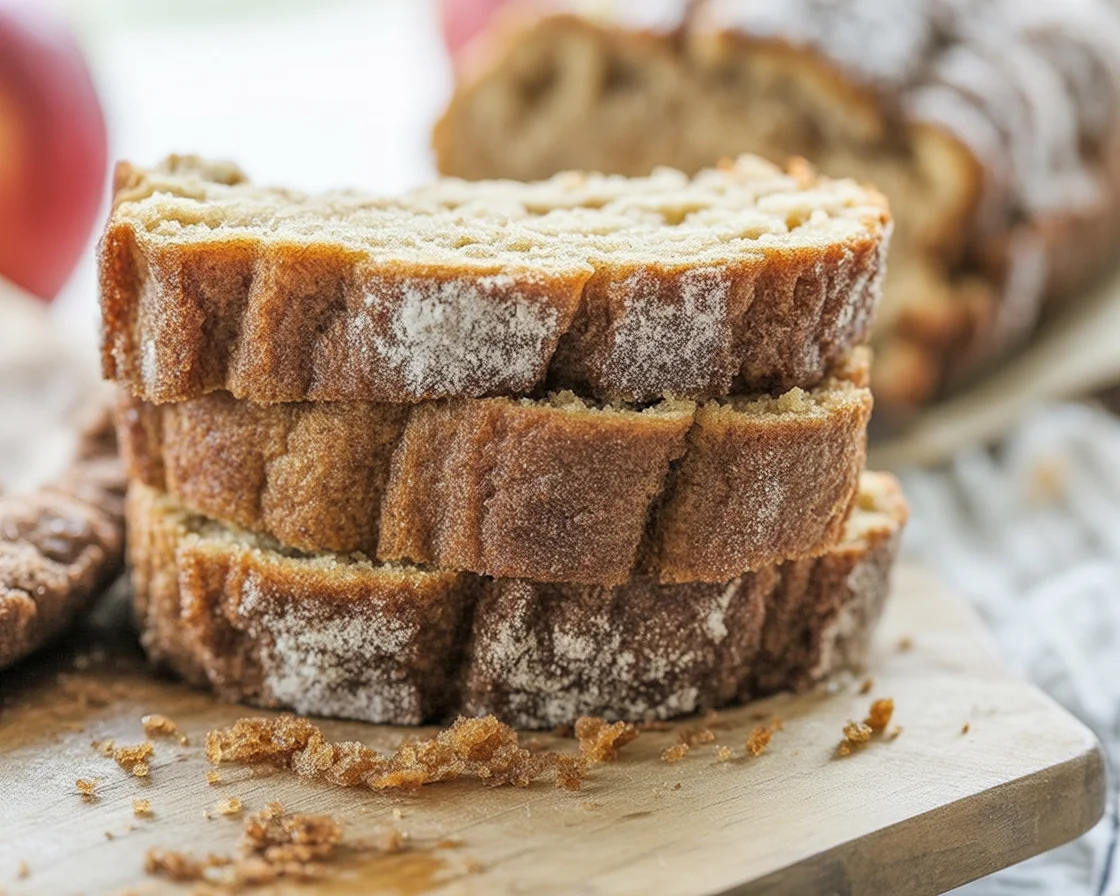 A delicious loaf of Apple Cider Donut Bread with cinnamon sugar topping.
