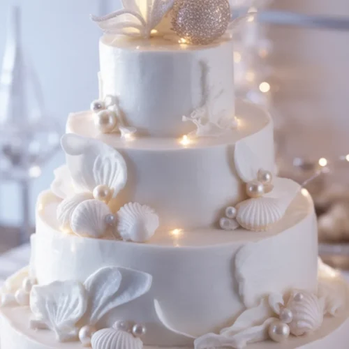 Luxury Christmas Cake with Sea Shells and Pearls 3 Luxury Christmas cake adorned with edible sea shells and pearls decorations.