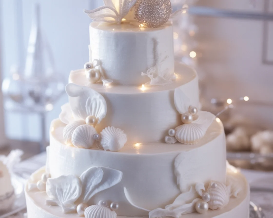 Luxury Christmas cake adorned with edible sea shells and pearls decorations.