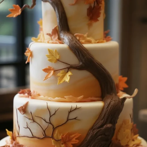 Autumn Cake Decorating 3 Colorful autumn cake decorated with buttercream pumpkins and vibrant fall flowers.