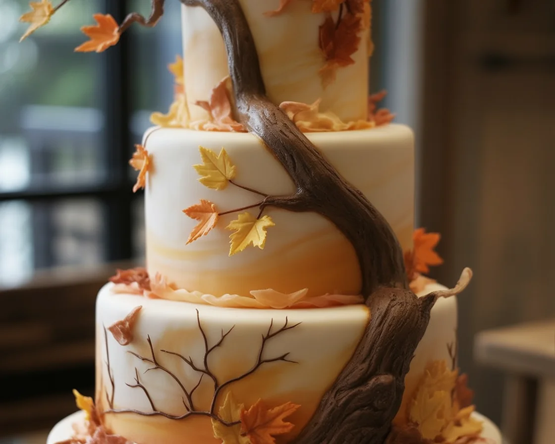 Colorful autumn cake decorated with buttercream pumpkins and vibrant fall flowers.